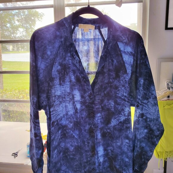 MICHAEL KORS Denim Blue Tie Dye Print Shirtdress Tabbed Sleeves Blue & Black S - Picture 7 of 15